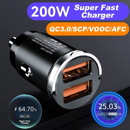 Dual Port Mini USB Car Charger - 100-200W Ultra Fast Charging Adapter for 12-24V Cigarette Lighter Socket, Aluminum Design