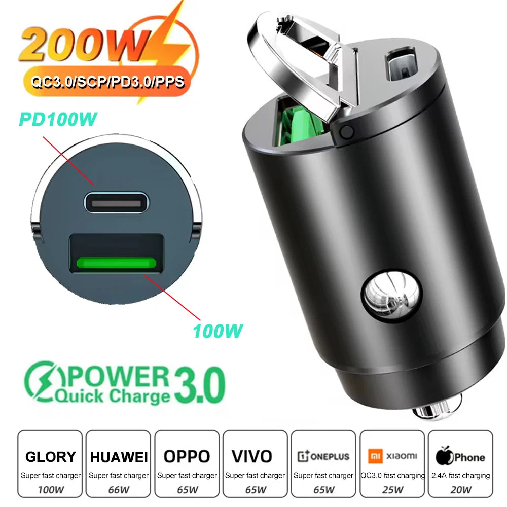 Dual Port Mini USB Car Charger - 100-200W Ultra Fast Charging Adapter for 12-24V Cigarette Lighter Socket, Aluminum Design