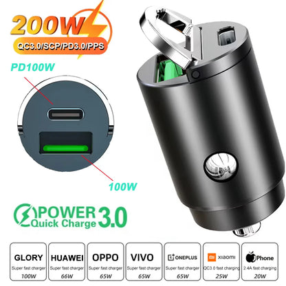 Dual Port Mini USB Car Charger - 100-200W Ultra Fast Charging Adapter for 12-24V Cigarette Lighter Socket, Aluminum Design