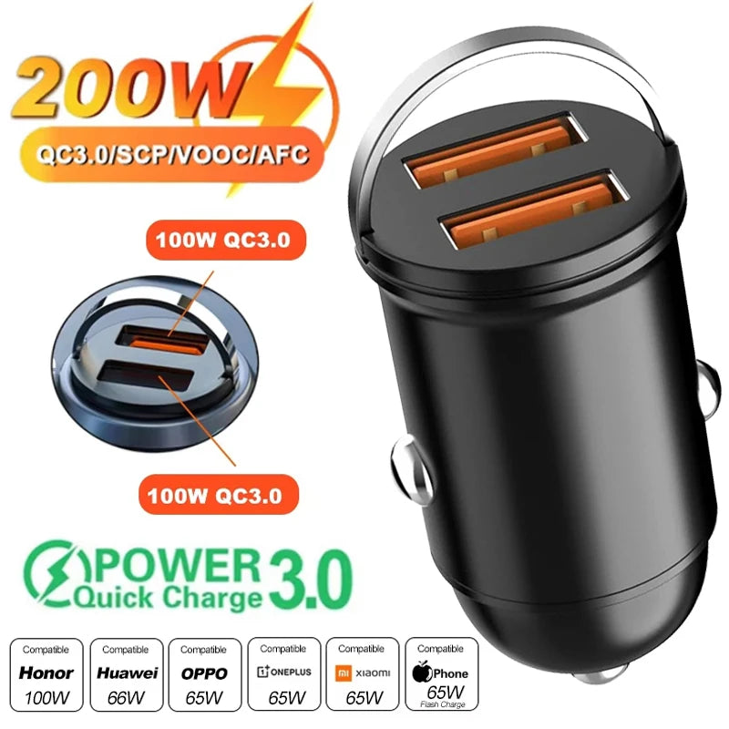 Dual Port Mini USB Car Charger - 100-200W Ultra Fast Charging Adapter for 12-24V Cigarette Lighter Socket, Aluminum Design