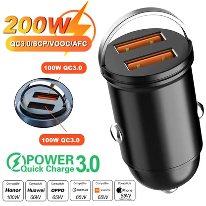 Dual Port Mini USB Car Charger - 100-200W Ultra Fast Charging Adapter for 12-24V Cigarette Lighter Socket, Aluminum Design