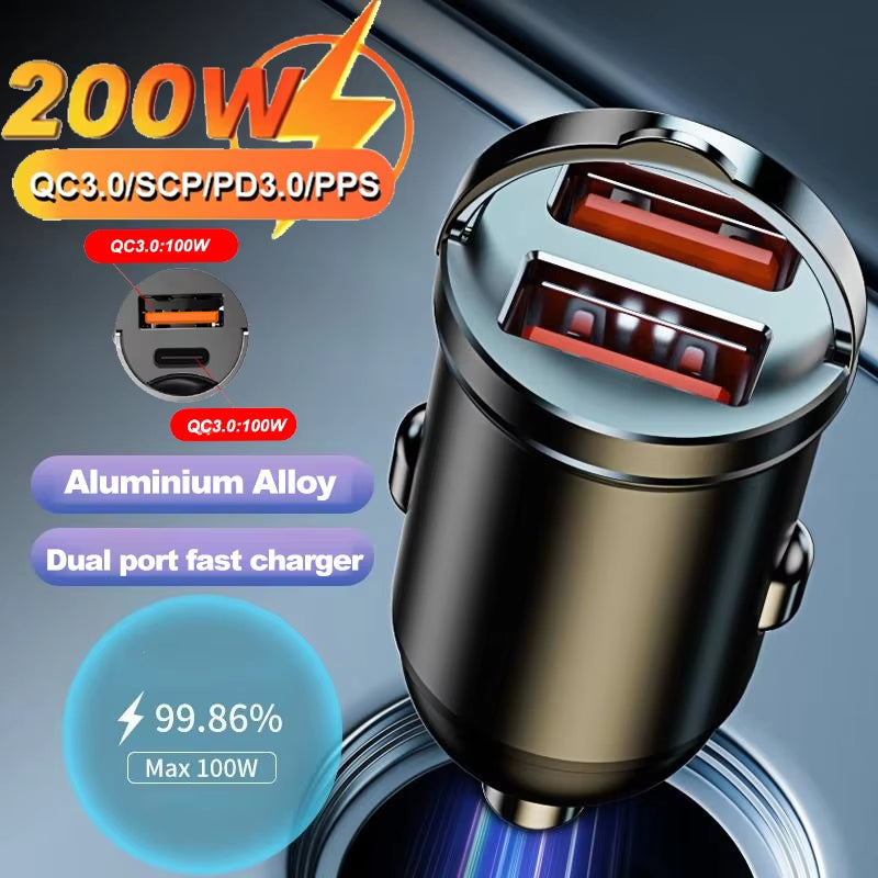 Dual Port Mini USB Car Charger - 100-200W Ultra Fast Charging Adapter for 12-24V Cigarette Lighter Socket, Aluminum Design