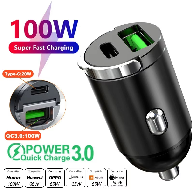 Dual Port Mini USB Car Charger - 100-200W Ultra Fast Charging Adapter for 12-24V Cigarette Lighter Socket, Aluminum Design